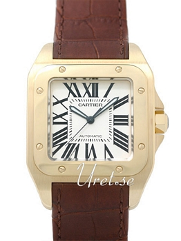 Cartier Santos 100 Silver Dial Yellow Gold Leather XL